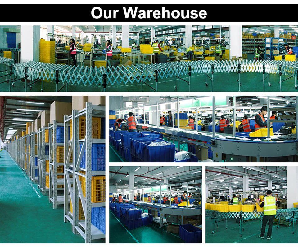 Warehouse interior with staff organizing and processing products, including Mini RC Monster Trucks.