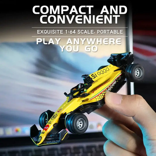 Mini RC F1 racing car in hand, showcasing compact and convenient 1:64 scale design for portable play.