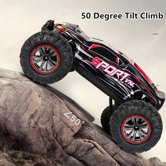 high-speed off-road RC car climbing a rocky surface at a 50-degree angle