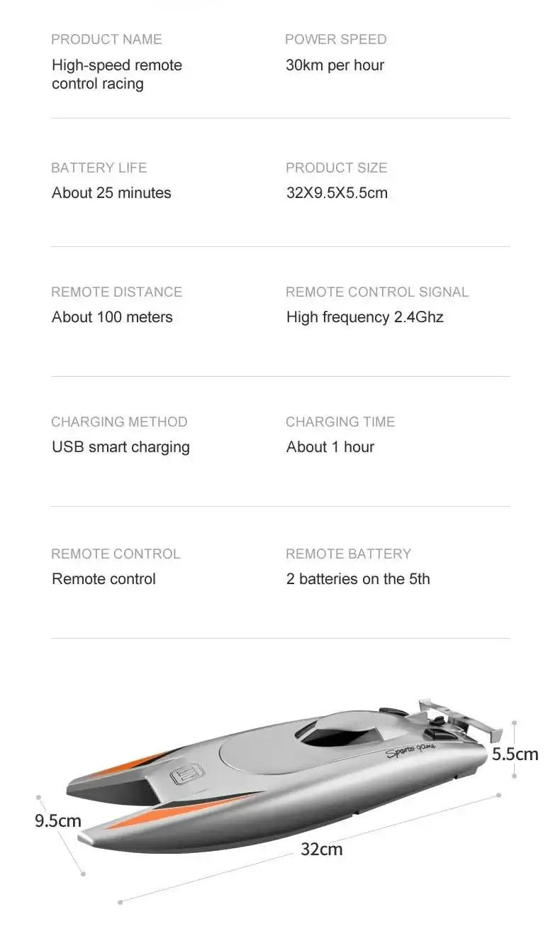 2.4G Radio Rc Boat 30Km/h Racing Boat High Speed Speedboat Sportsman Specialty Products