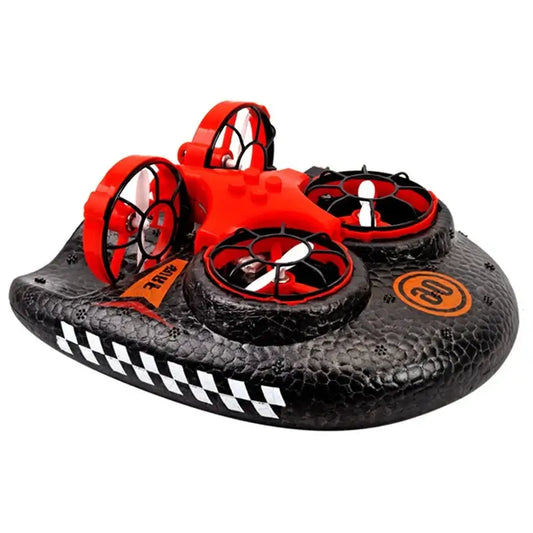 Water Land and Air Remote Control Quadcopter showcasing a red and black hovercraft design with four propellers.