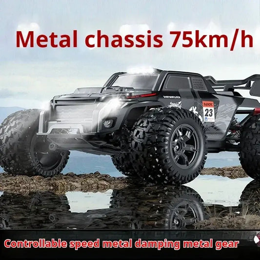 High-speed 4WD RC truck with metal chassis, capable of 75km/h, designed for off-road adventures.