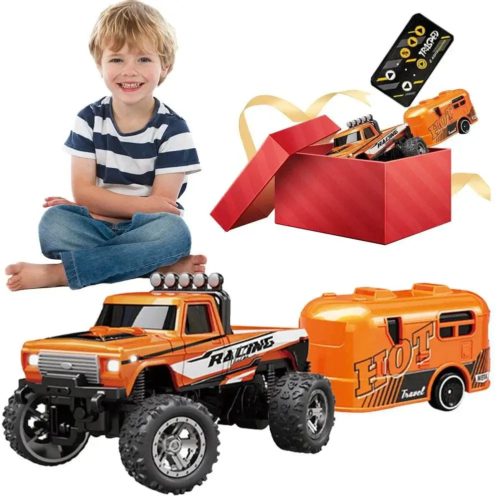 Mini RC Monster Truck 1:64 Off-Road Climbing Car with remote and boy in striped shirt.