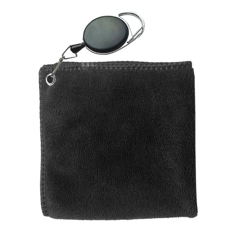 1Pc Golf Towel Microfibre Cleaning Cloth in black color with retractable clip for golfers.
