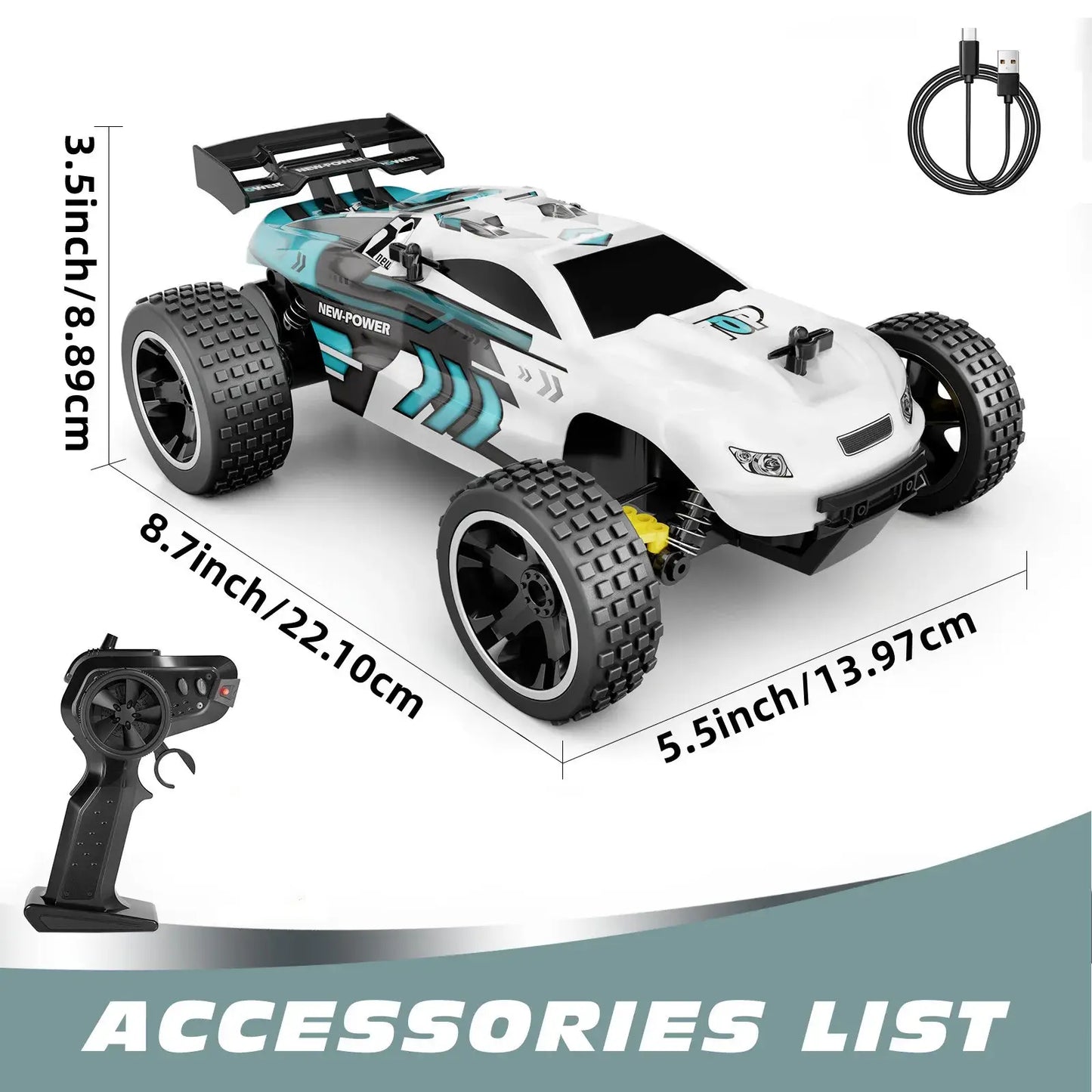 high-speed remote control car with racing design, remote controller, and USB charging cable accessories.