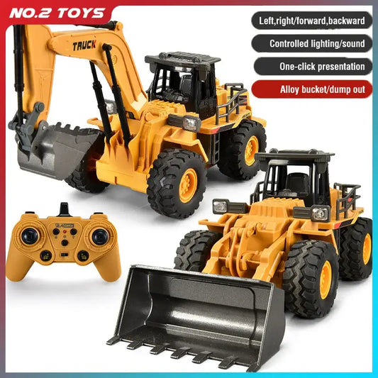 Remote Control Excavator Bulldozer featuring a controller and engineering vehicle design.