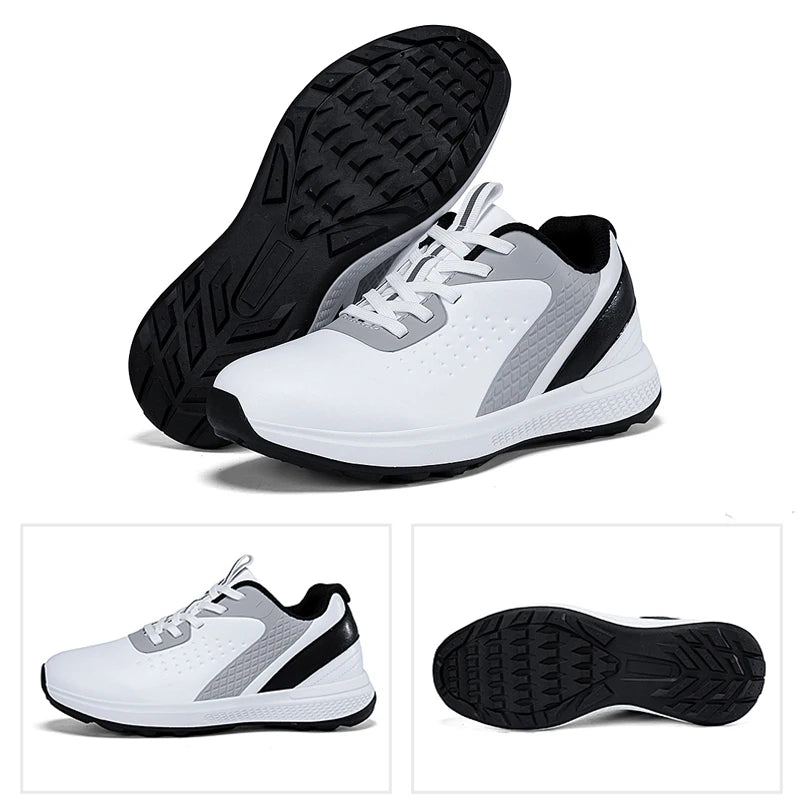 unisex waterproof golf shoes in white with black features, showcasing a lightweight and durable design for outdoor sports.