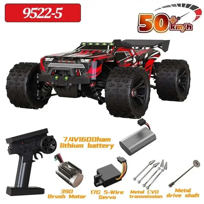 9522 PRO 85KMH High speed RC Car showcasing its design and components including motor and remote control.