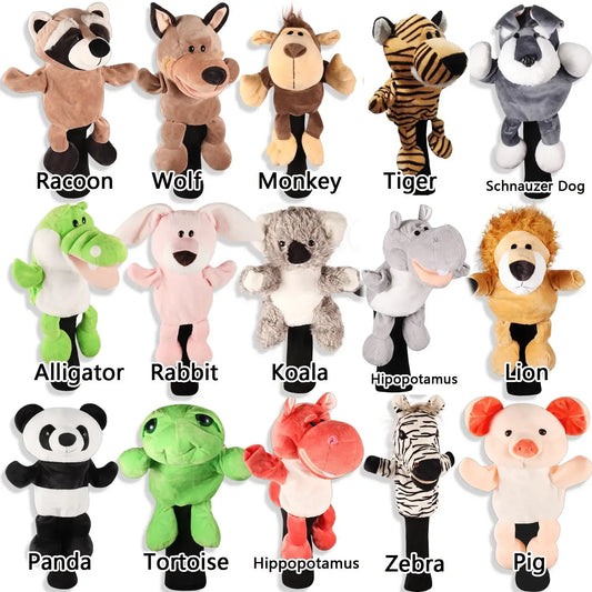 Animal golf club driver head covers featuring various animal designs like raccoon, wolf, monkey, tiger, and more.