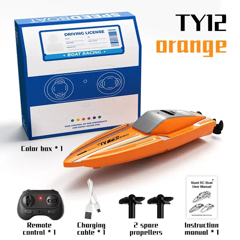RC Racing Speedboat Mini remote control boat in orange with accessories including controller and charging cable.