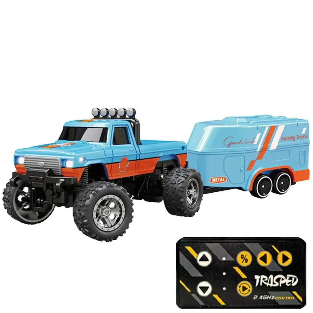 Mini RC Monster Truck 1:64 model with remote control, blue alloy body, off-road design.
