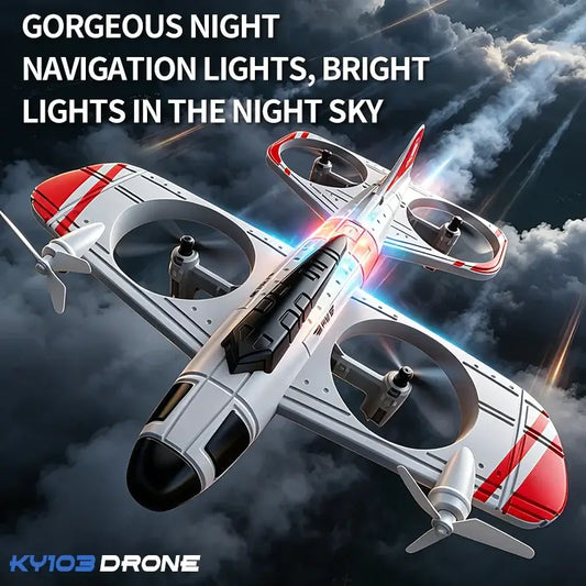 RC Airplane 2.4G Radio Remote Control soaring through the night sky with bright navigation lights.