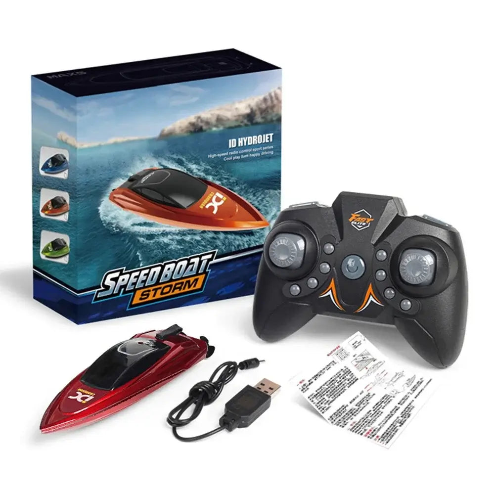 RC Boat 2.4Ghz 25kmh high-speed remote control racing ship with controller and packaging.