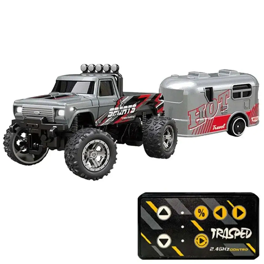 Mini RC Monster Truck 1:64 off-road climbing car with trailer and remote controller.