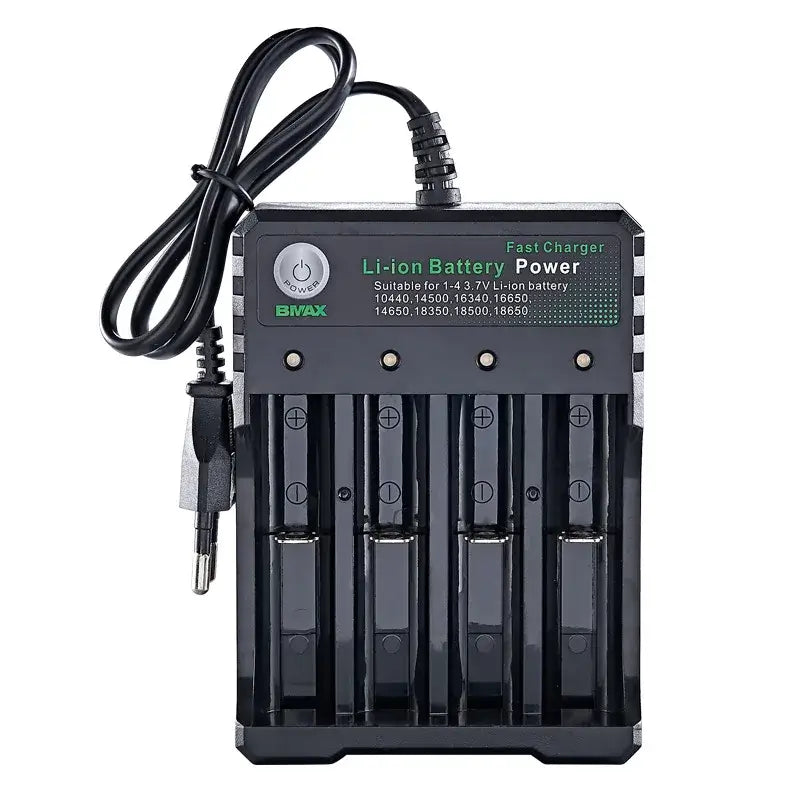Battery Charger 4 Slots AC for 18500 batteries with dual voltage 110V 220V capability.