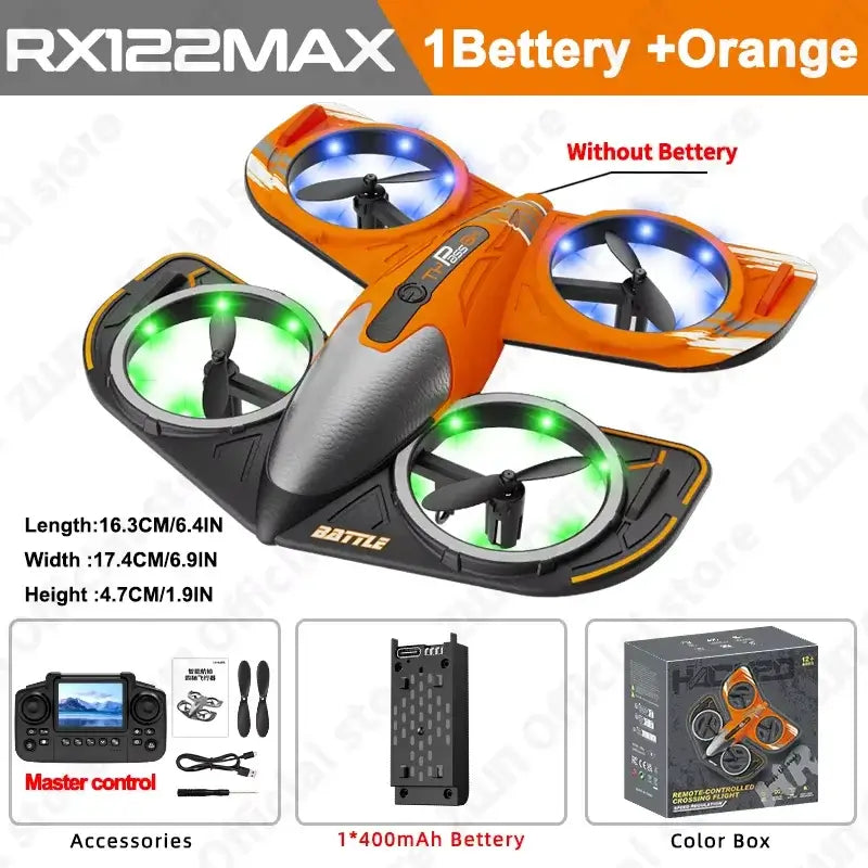 RC Plane RX122 MAX 2.4G in orange color with lights, remote control, and specifications for accessories and battery.