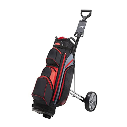 2-wheel aluminum frame golf push cart with red and black bag, designed for convenience and durability.