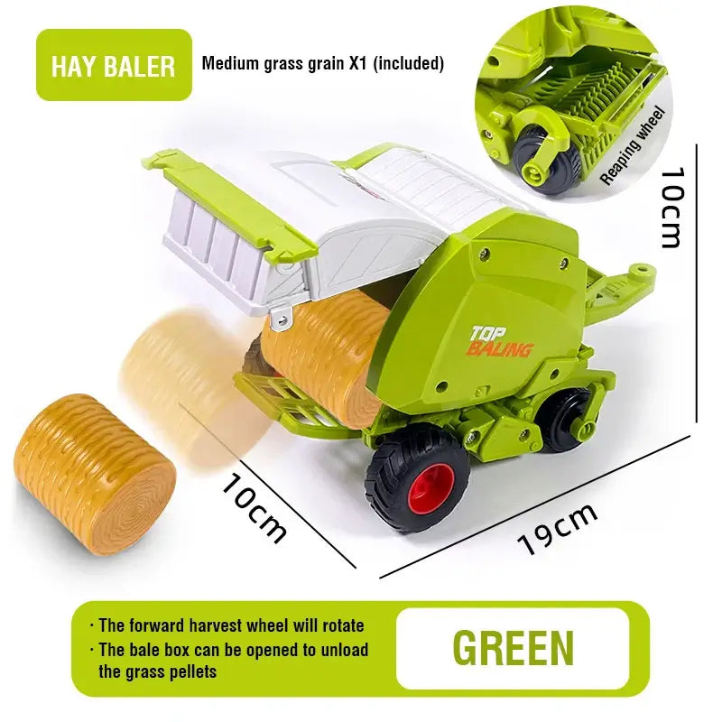 Remote Control Tractor with hay baler toy, green toy for children, features rotating wheel and unloading bale box.