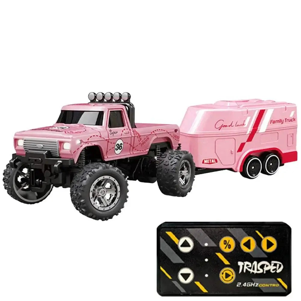Mini RC Monster Truck 1:64 Off-Road Climbing Car with Remote Control and Trailer.
