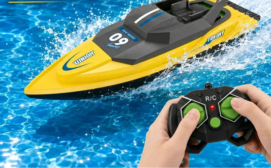 Waterproof high-speed RC boat for kids with dual propeller and stable control, ideal for pool and outdoor play.