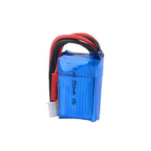 Lithium Batteries for RC Cars 7.4V 250mAh 25C 2S JST displayed with RC car in background, pack of eight batteries.