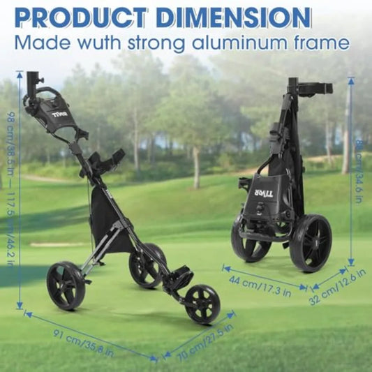 Product dimension of lightweight golf push cart made with strong aluminum frame for durability.