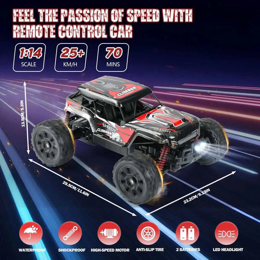 RC Car for Kids with 1:14 scale, speeds over 25+ km/h, waterproof, shockproof, and LED headlights design.