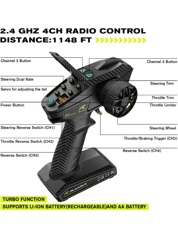 2.4 GHz 4CH radio control for AK787 1 Tenth Brushless RC Car with turbo function and battery support features.