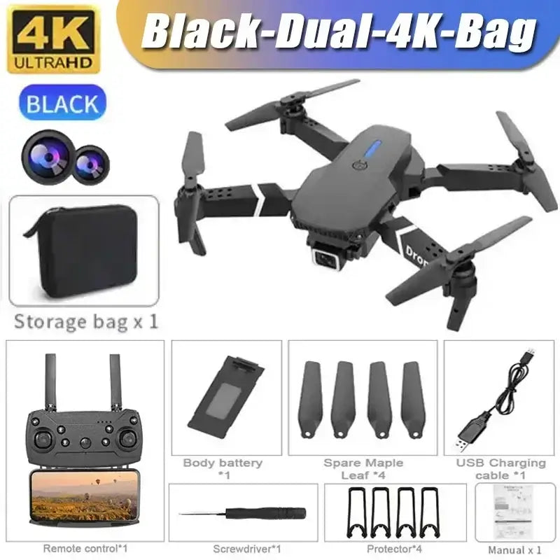 4K dual camera RC drone with accessories including remote control, battery, and storage bag in black color.