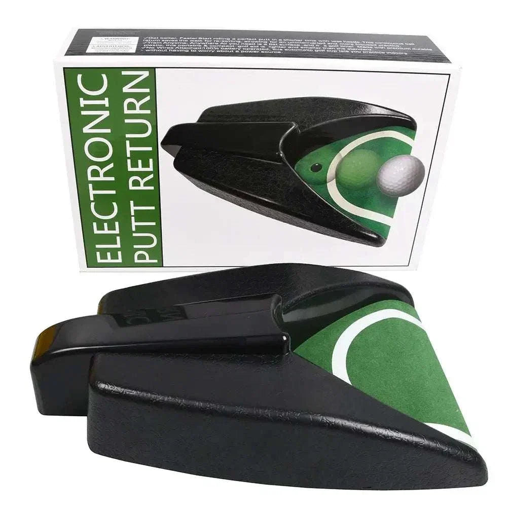 Golf Automatic Putting Cup Golf Return Machine for Training displayed with its packaging and product design.