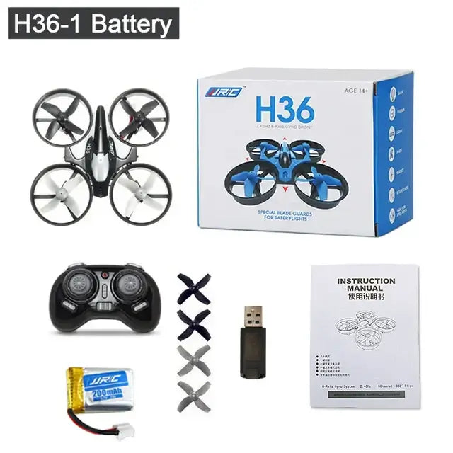 jjrc H36 Mini Drone 3D Flip with H36-1 battery, controller, and instruction manual in the package.