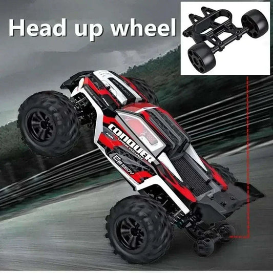 Large RC Cars performing a stunt with head-up wheel and detailed chassis design for high-speed action.