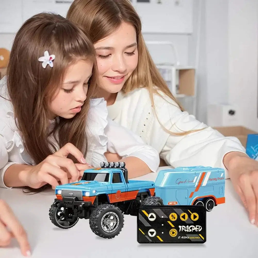 Mini RC Monster Truck 1:64 with kids enjoying playtime indoors.