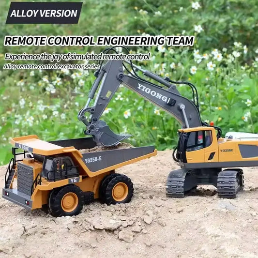 remote control excavator dump truck duo showcasing dual-functionality in a natural setting with realistic mechanics.