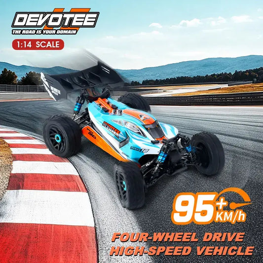 High speed 4WD RC cars racing on a track at 95+ KM/h, showcasing a 1:14 scale vehicle with four-wheel drive.