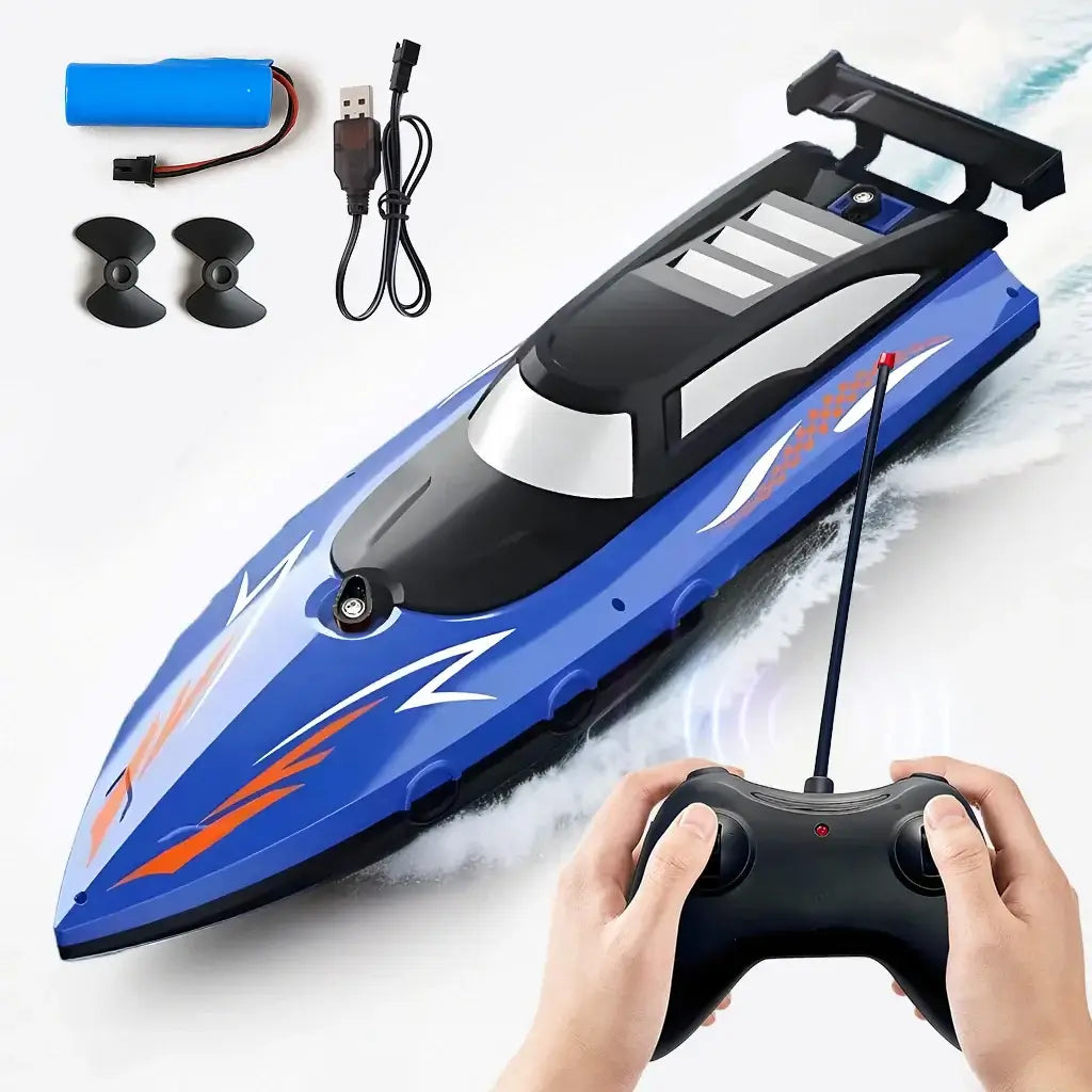 High-Speed RC Boat for Kids, Waterproof 27MHz Dual Motor with remote control and accessories.
