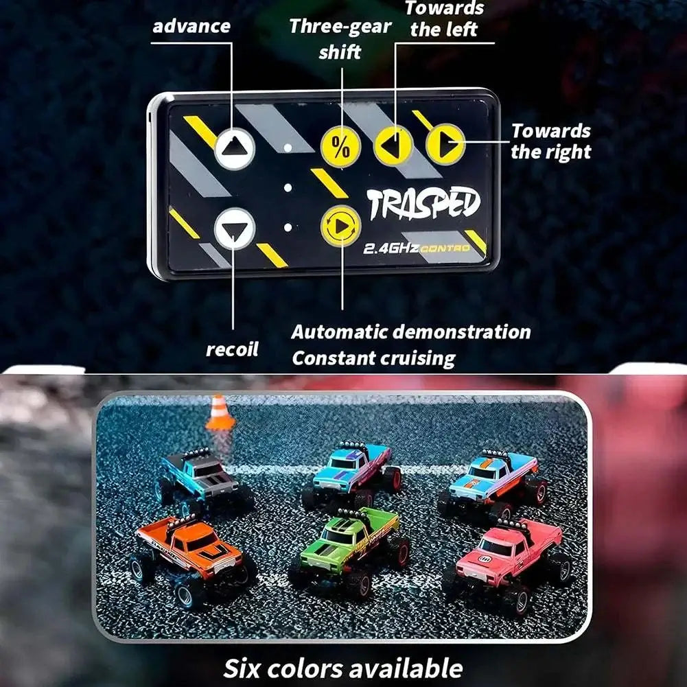 Mini RC Monster Trucks in six colors with remote control features displayed.