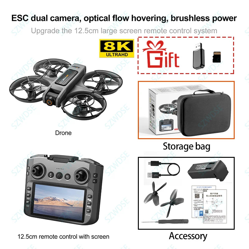 8K aerial photography drone with dual camera and large remote control screen, includes storage bag and accessories.