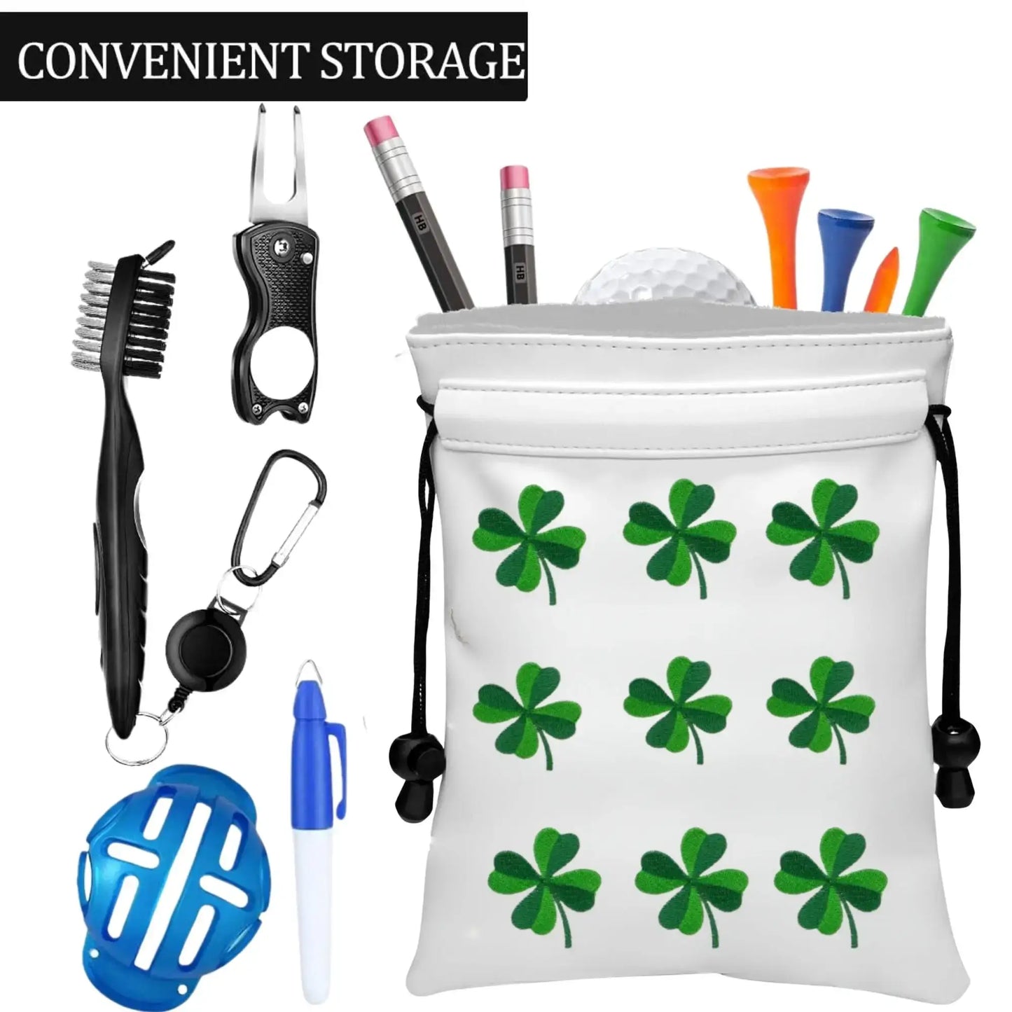Golf valuables pouch with embroidered clover design featuring convenient storage for golf accessories.