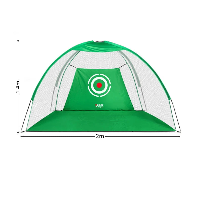 Indoor golf practice net showing a green tent with target design and dimensions 2m x 14m for practice.