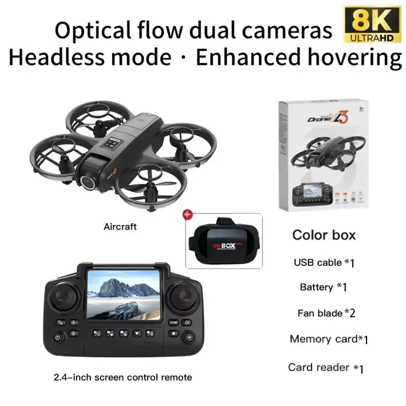 2026 New YL3 RC Drone image showing optical flow dual cameras, headless mode, 2.4-inch screen remote, and included accessories.