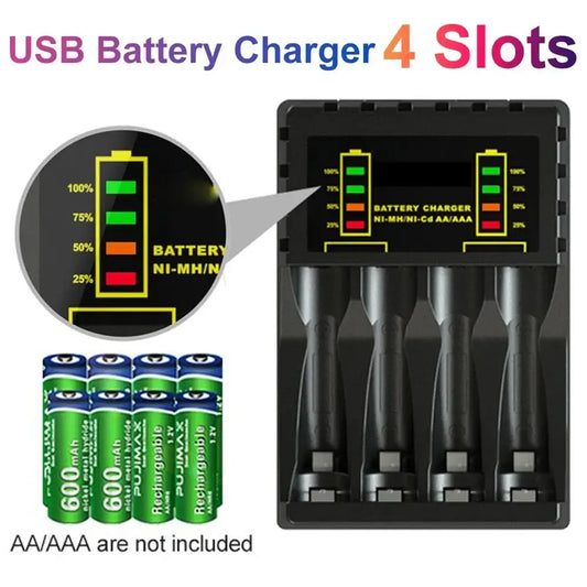 Battery Charger 4 Slot Intelligent Fast Charge With Indicator for efficient charging of AA and AAA batteries.