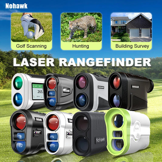 various models of Nohawk golf laser rangefinder with slope distance for golf scanning, hunting, and building survey