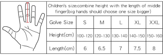 Size chart for 1 Pair Golf Gloves Kids Junior detailing glove sizes and measurements for children's hands.