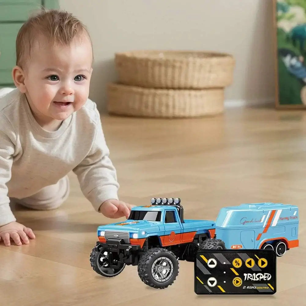 Mini RC Monster Truck 1:64 model on the floor with a child nearby, showcasing its off-road capabilities.