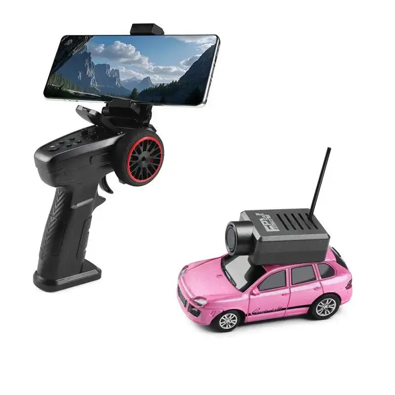 FPV RC Car HD Camera with Gyro Stabilization remote control and smartphone display for immersive driving experience.