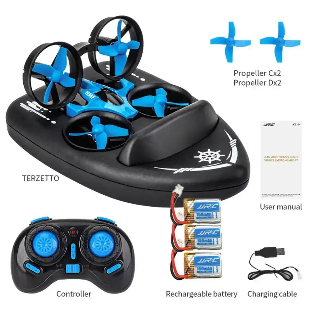 Water Land and Air Remote Control Quadcopter with controller, propellers, rechargeable battery, and user manual.