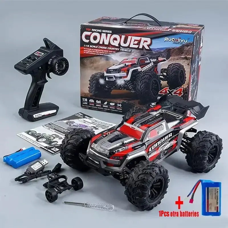 WLtoys 1:16 scale RC car displayed with remote control and accessories, showcasing high-speed 4WD capabilities.