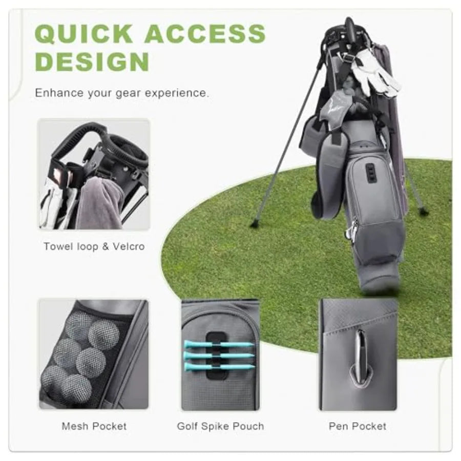 Sunday Golf Bag with Stand features quick access design, towel loop, mesh pocket, golf spike pouch, and pen pocket.