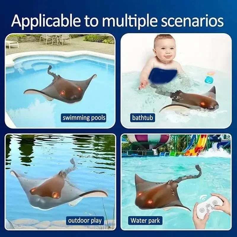 Rc Boat 2.4G Remote Control Manta Ray Robot Toy scenario images in swimming pools, bathtub, outdoor play, and water park.